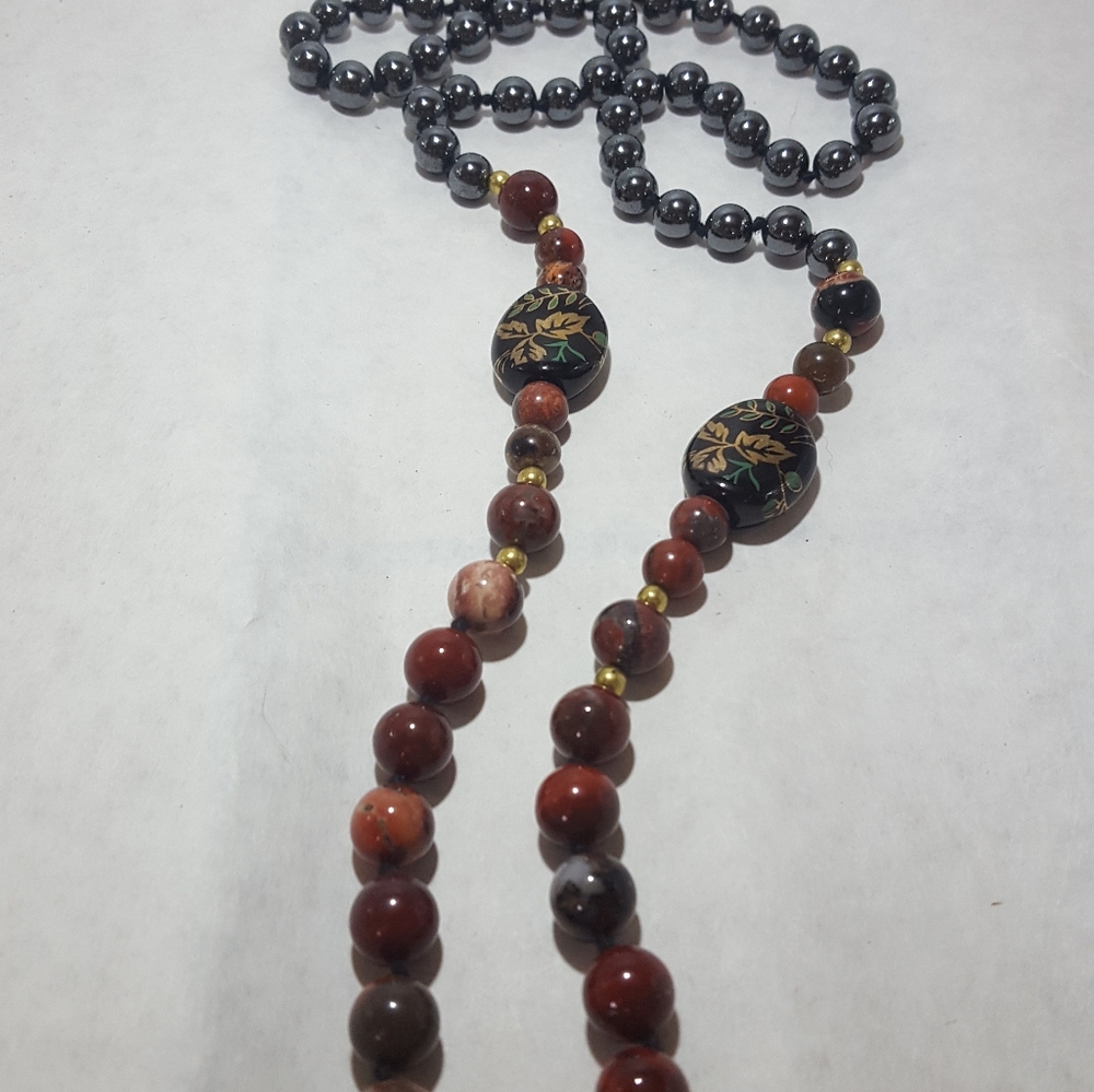 hematite stone floral oriental necklace